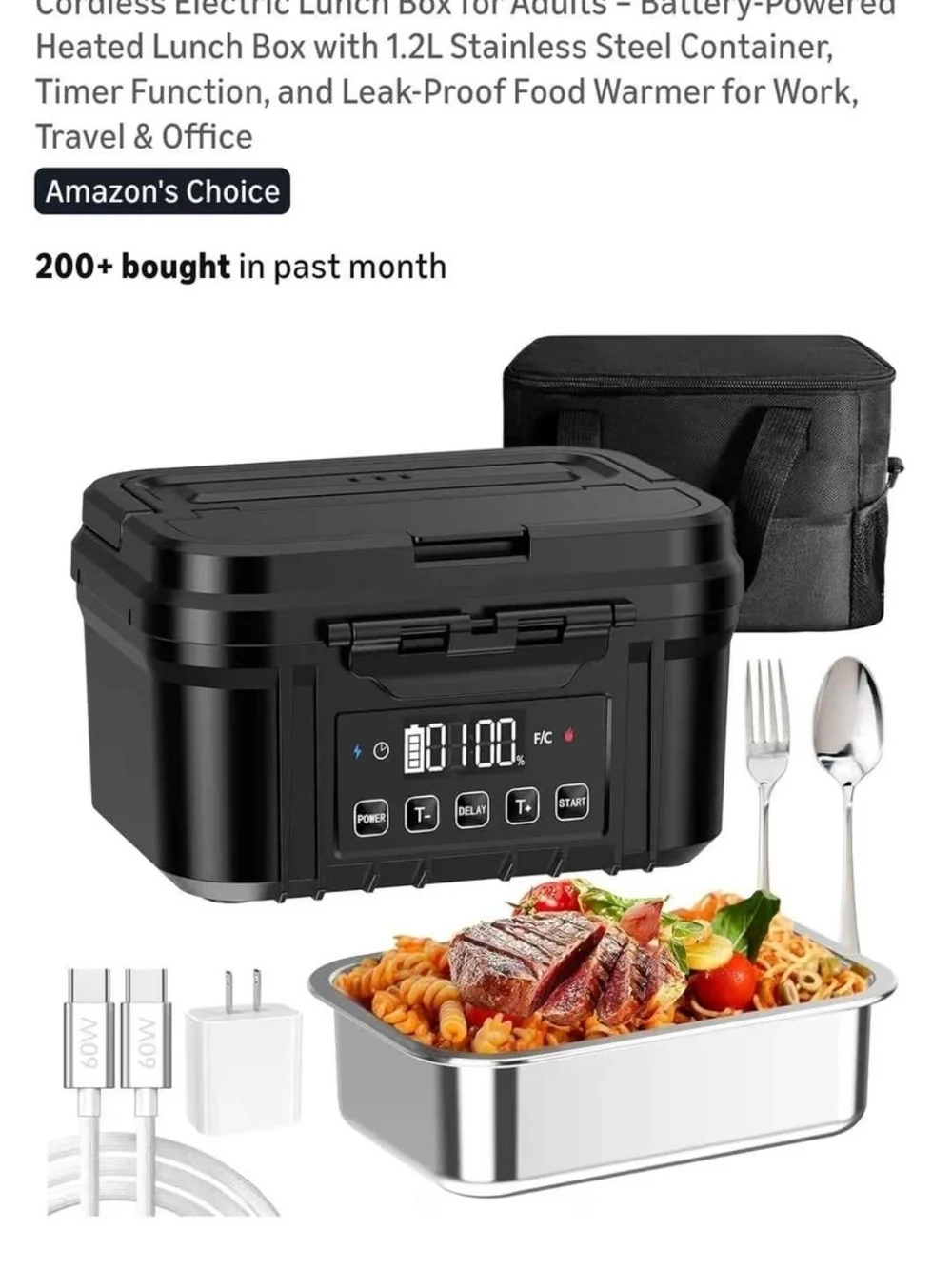 New Electric Heated Lunch Box with Stainless Steel Insert - Black